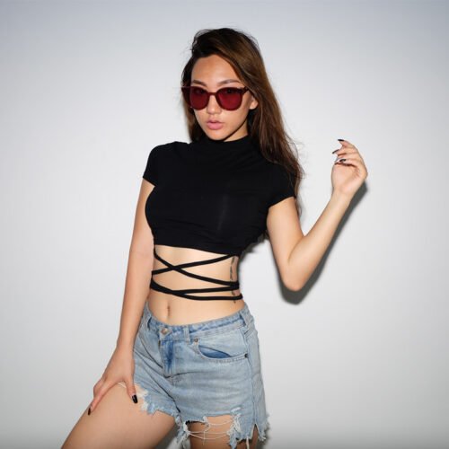 2021 Summer Women Black Short T-Shirts Sexy Crop Tops Short Sleeve Bandage Tee Tops Female Shirts 5