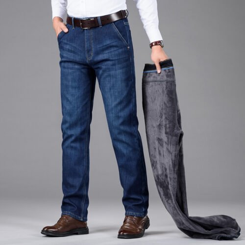 Classic Style Winter Men's Warm Business Jeans Fashion Casual Denim Stretch Cotton Thick Fleece Denim Pants Male Brand Trousers 4