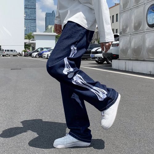 Straight Jean Pants Man Skeleton Embroidery  Mopping Trousers Mens Streetwear Denim Pants Men's Clothing Jeans for Men Man Baggy 4