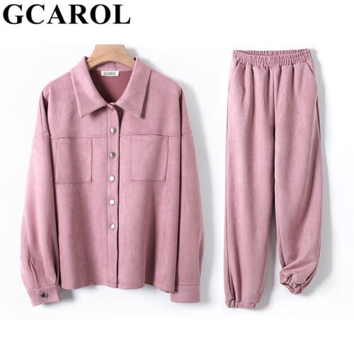GCAROL Women tracksuits Velvet Jacket And Pants Drop Shoulder Oversized Coat Single-Breasted Elastic Waist Overalls Cargo M,L 5