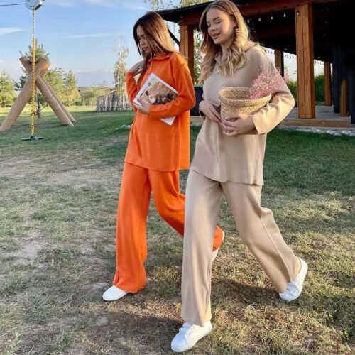 Free Shipping Casual Autumn Loose Knit Sweater Set Fashion Zip Lapel Long Sleeve Pullover Sweater & Straight Pants Two-piece Set 3