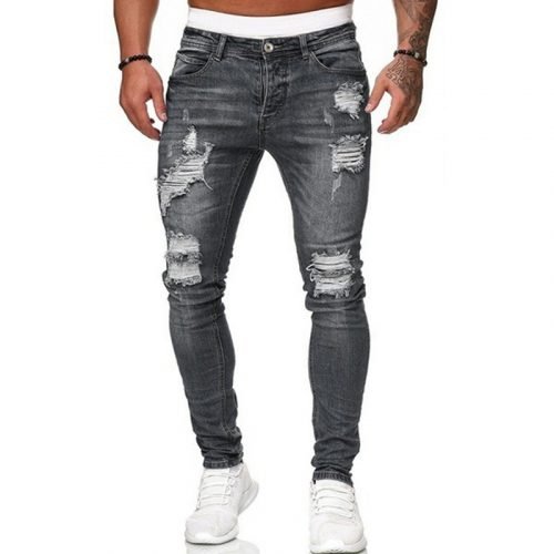 2022 Jeans Men Ripped Skinny Hole Trousers Stretch Slim Denim Pants Large Size Hip Hop Black Blue Casual Jogging Jeans for Men 3